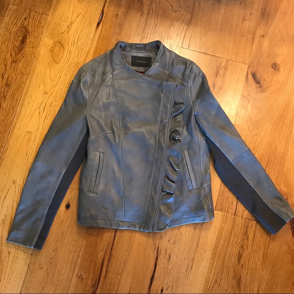 Tahari Gray Leather Moto Jacket
